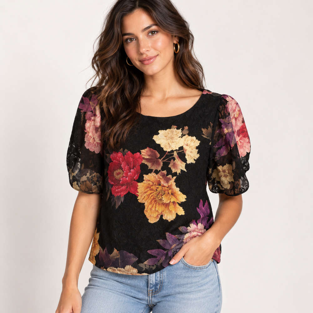Anthropologie The Odells Floral Lace Top L NWT Black Petal Sleeve Blouse $164